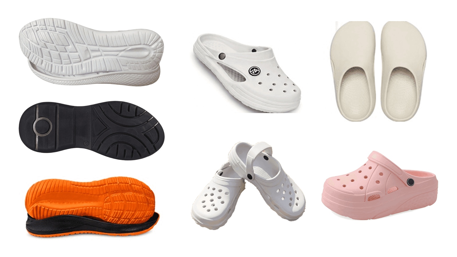 Suelas producidas por el modelo TP-100 (Máquina de moldeo por espumado de EVA — un color / dos colores)