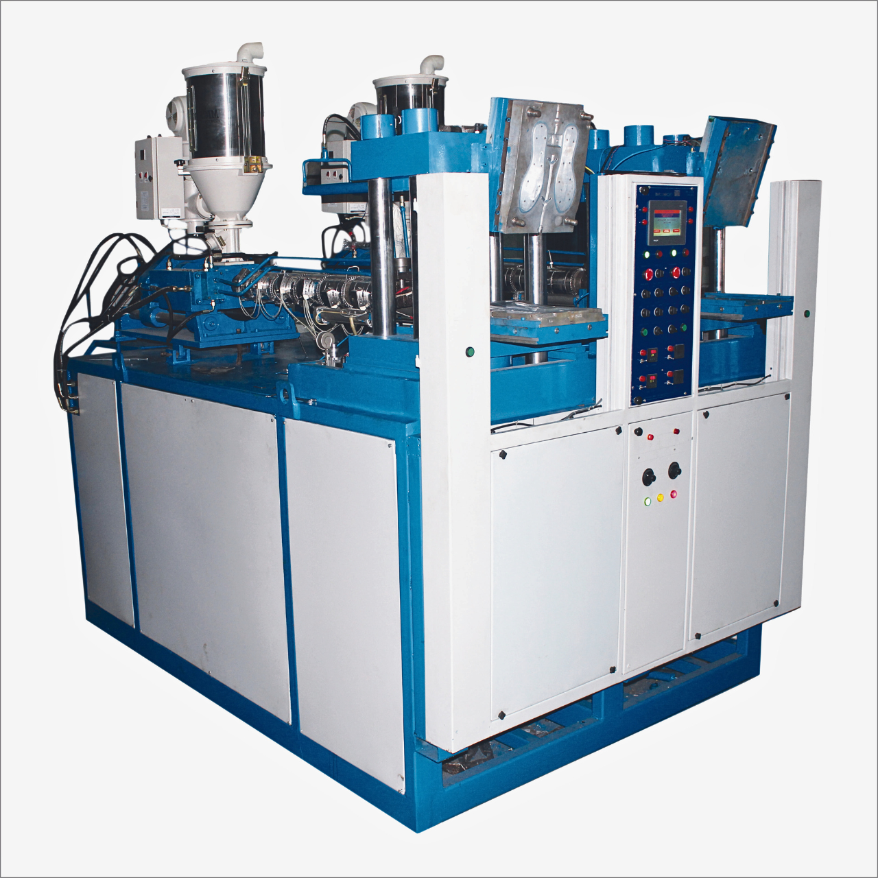 A screw piston type injection sole making machine from Techinj, used in manufacturing processes for footwear sole production.