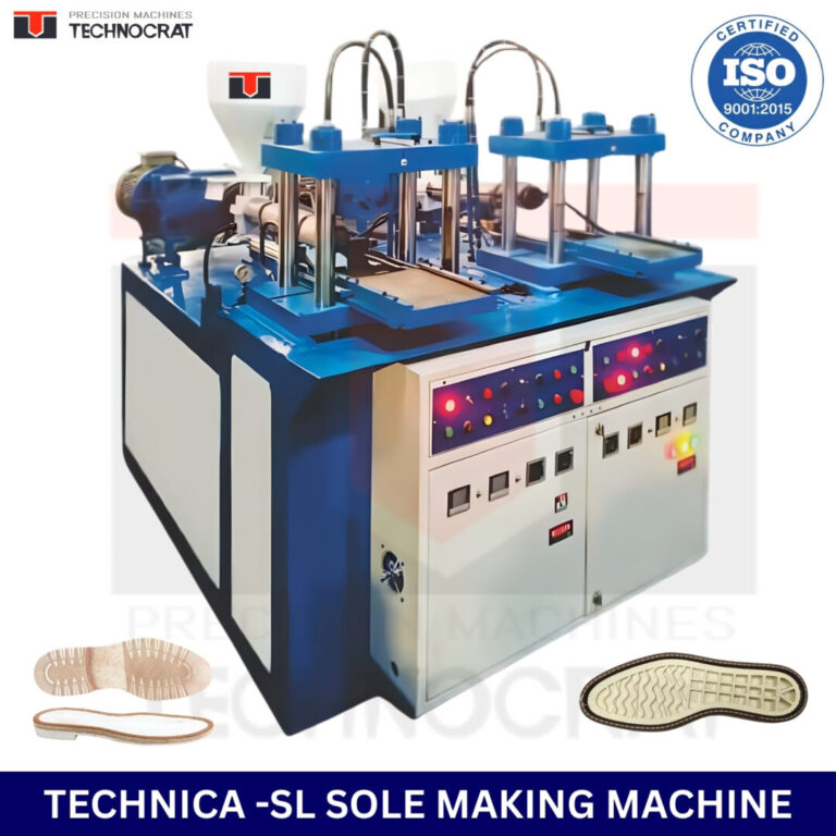 The TPR PVC Sole Moulding Machine (TECHNICA-SL) is engineered by Technocrat Mouldings to deliver high-precision, dent-free soles with maximum energy efficiency. This versatile machine is perfect for manufacturers looking to optimize production while reducing power costs by up to 66%.